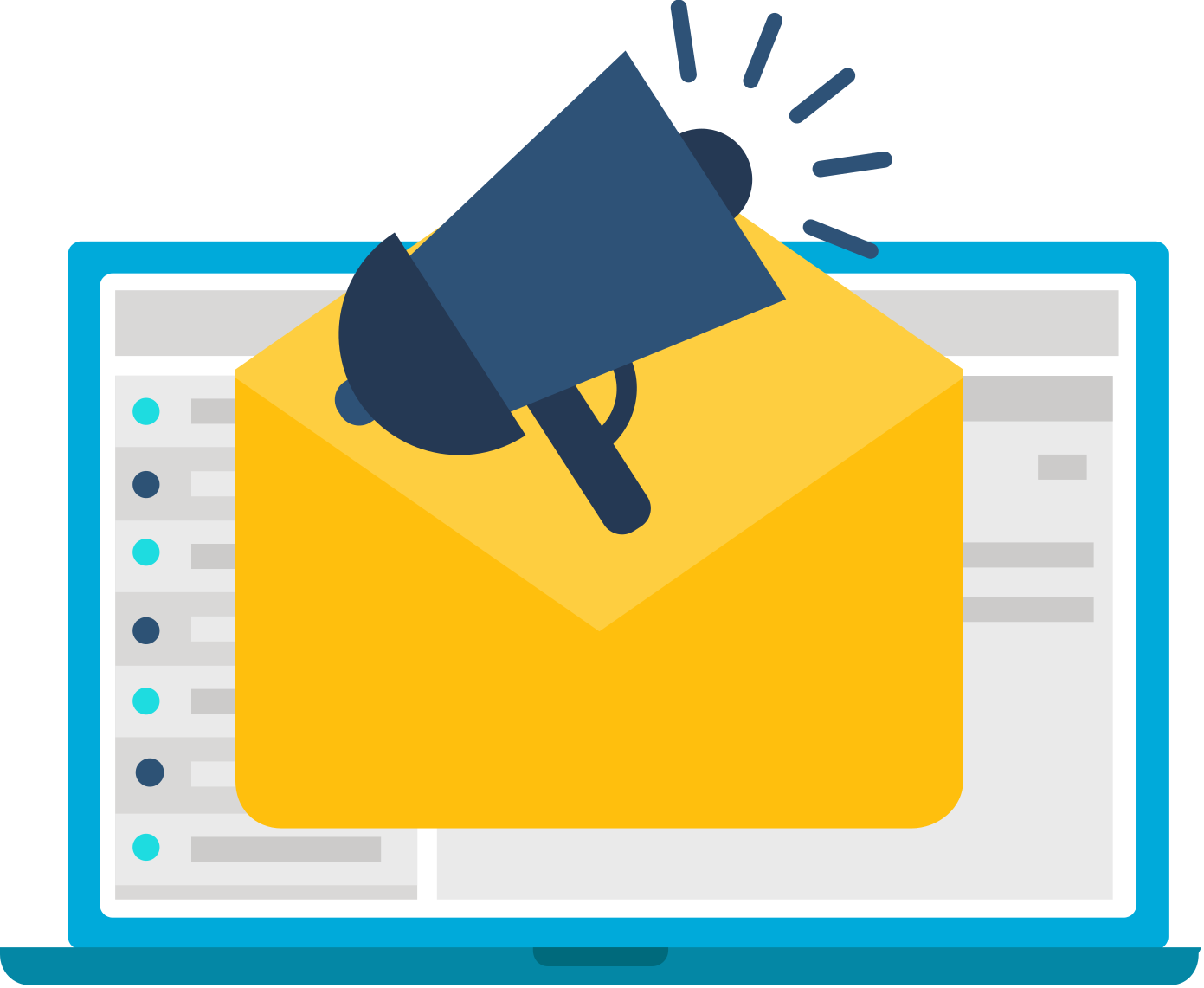 Email marketing illustration showing an envelope with a megaphone in front of a computer screen
