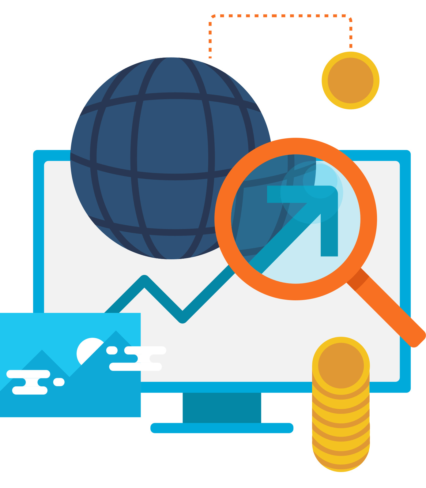 Flat design of global analytics concept with a globe, monitor, rising arrow graph, coins, and magnifying glass