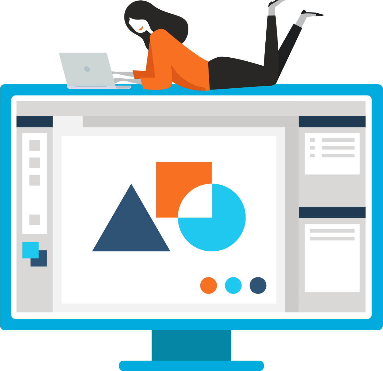 Illustration of a woman lying on a computer monitor, working on a laptop with design software showing shapes