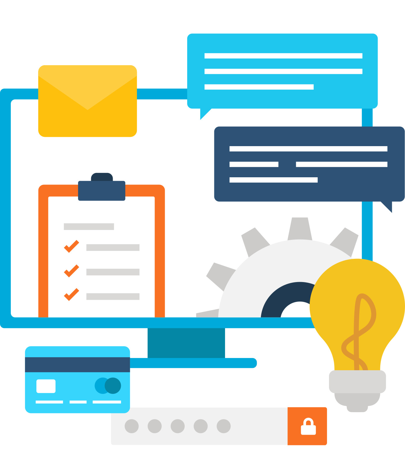 Digital tools concept with chat bubbles, clipboard checklist, email, light bulb, and credit card on a computer screen