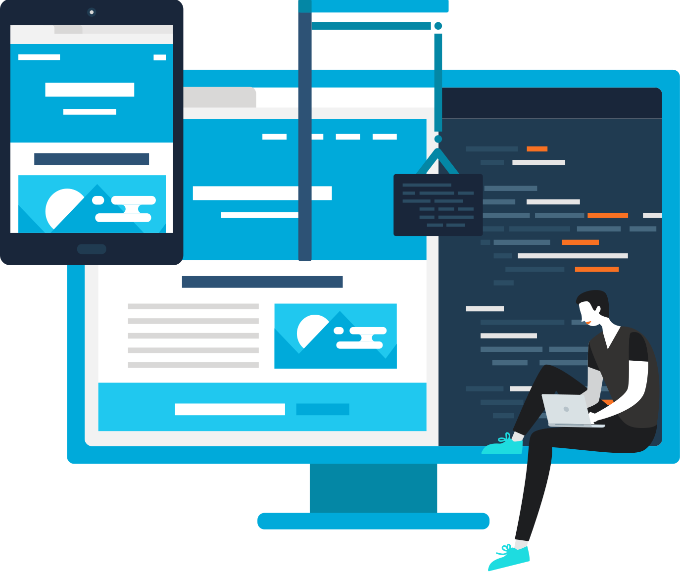 Illustration of responsive web design showing a monitor, tablet, and developer with code