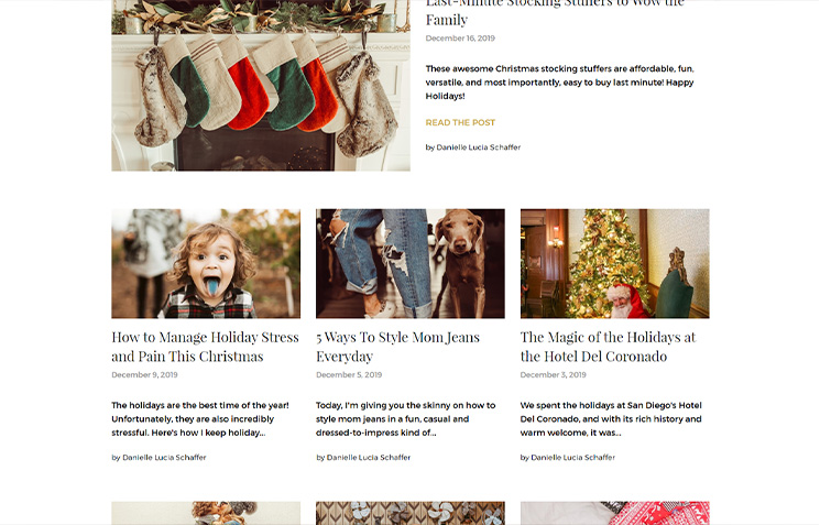Lifestyle blog with holiday-themed articles, stockings, and family photos