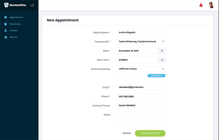 Dental appointment booking form with patient details, treatment type, date, and dentist selection