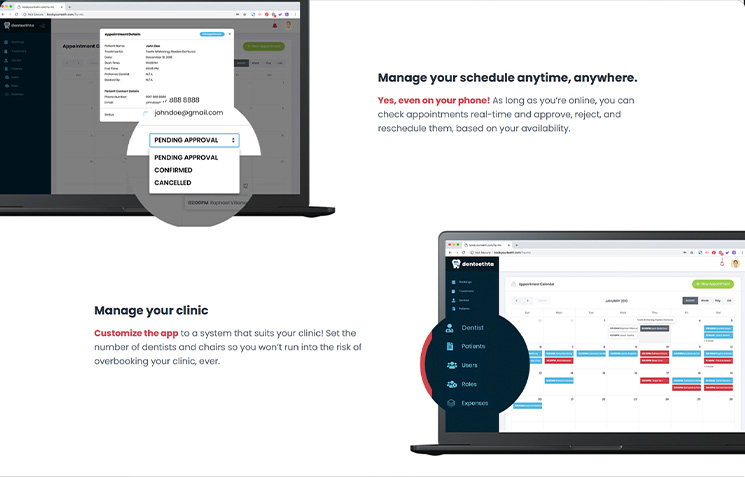 Clinic management software showing appointment approval dropdown and calendar scheduling interface