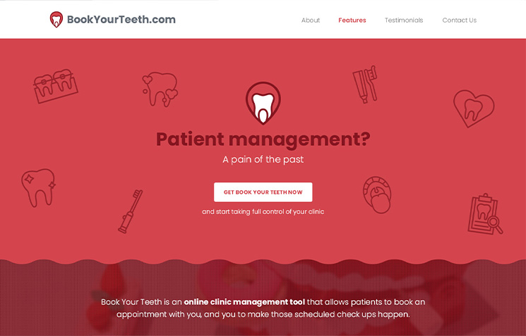 BookYourTeeth website hero section with red background and dental-themed icons, promoting patient management