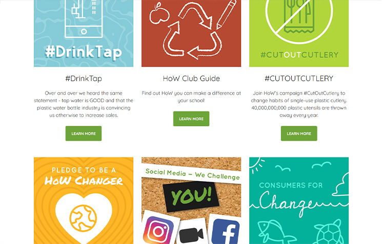 Grid of colorful tiles promoting environmental campaigns like Drink Tap and Cut Out Cutlery by Habits of Waste
