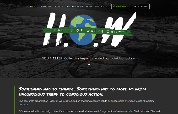 Dark-themed homepage of Habits of Waste with large HOW logo and call to action