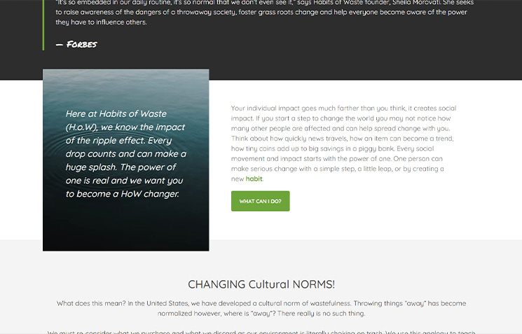 Website screenshot with Habits of Waste message about ripple effect and personal impact on social change