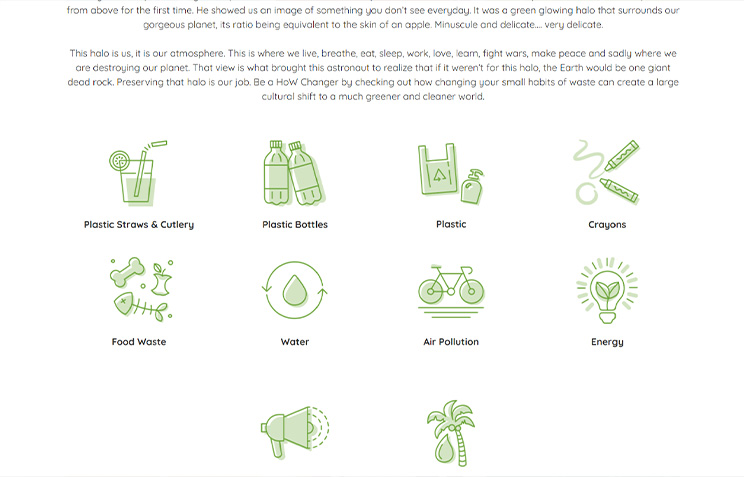 Icons and labels highlighting types of waste like plastic and energy
