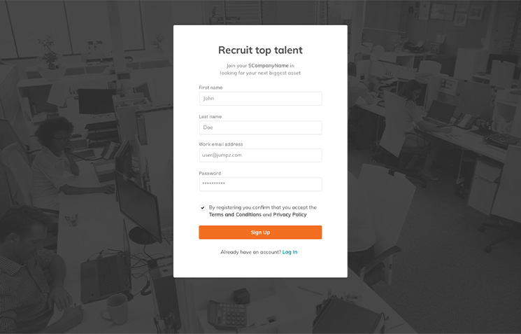Sign-up form for a recruitment platform displayed over a grayscale office background with people working at desks