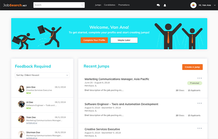 Job search platform dashboard with job recommendations, profile prompt, and applicant listings