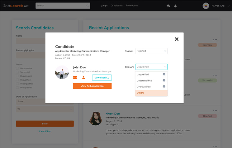 Candidate review popup with status dropdown on a job search platform