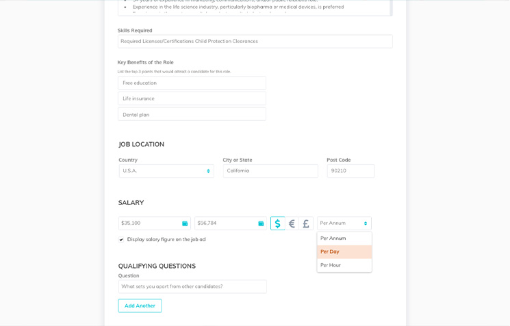 Job listing form with fields for location, salary, and qualifying questions