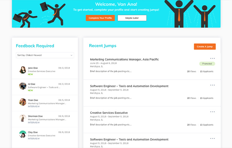 Job platform dashboard with recent job listings on the right and candidates requiring feedback on the left