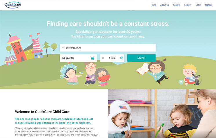 Whimsical childcare website homepage with search fields and cartoon graphics