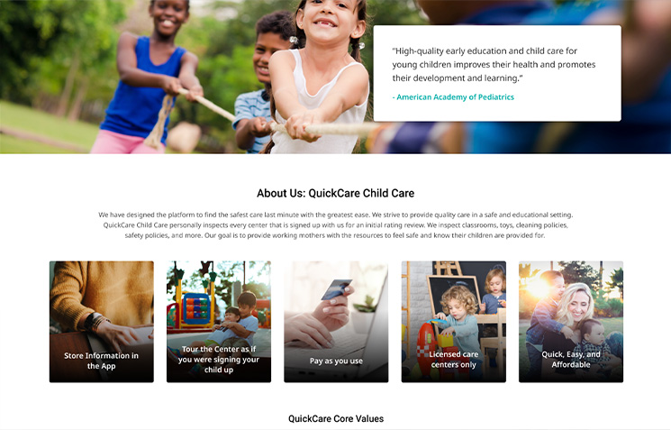 Children playing tug-of-war outdoors with a testimonial from the American Academy of Pediatrics and QuickCare Child Care service highlights below