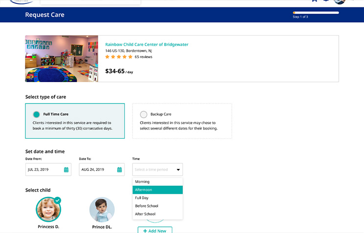 Child care booking interface showing care type options, date and time selection, and child profiles