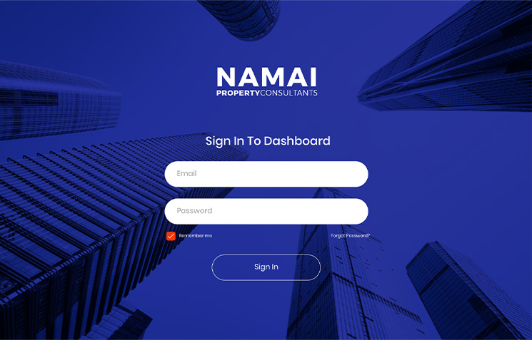 Login screen for Namai Property Consultants with email and password fields