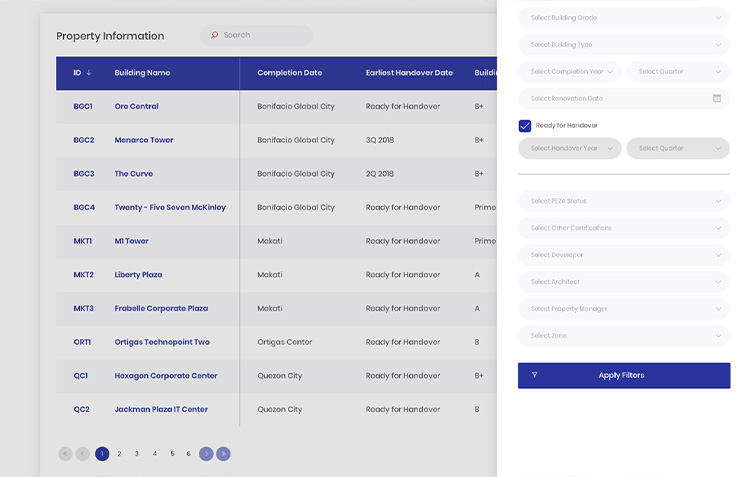 Property database interface showing a list of buildings, handover dates, and filter options on the right