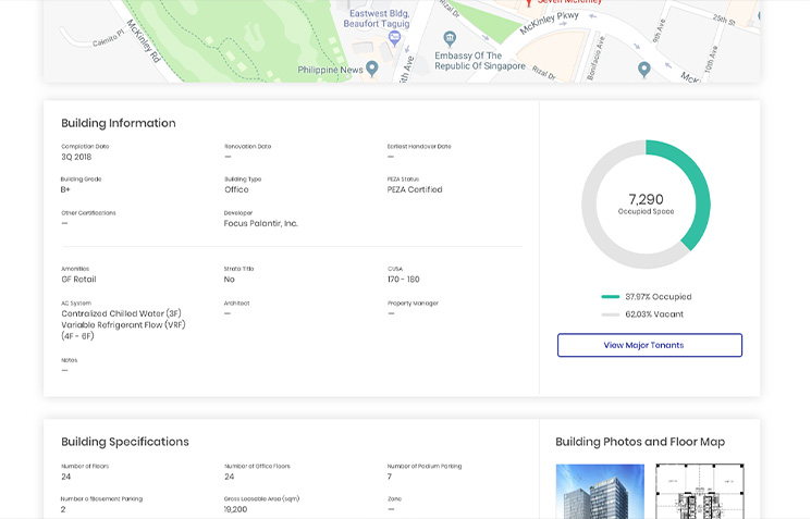 Building information page displaying occupancy stats, map location, certifications, and property specifications