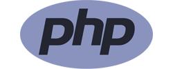 PHP logo in dark blue letters inside a purple oval background