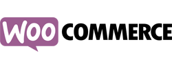 Logo for WooCommerce with white 'Woo' in a purple speech bubble and 'Commerce' in bold black text