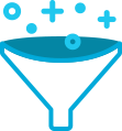 Blue funnel icon with plus signs and dots, representing data filtering or conversion