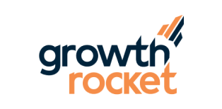 Growth Rocket logo with dark blue and orange text and a rising arrow symbol