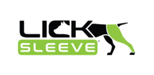 Lick Sleeve logo with dog silhouette and green leg brace illustration beside the brand name