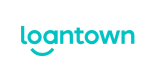 Loantown logo in teal lowercase letters with a curved smile graphic below the text
