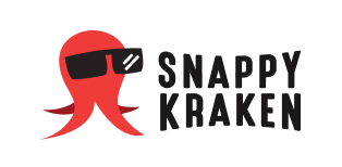 Red octopus with sunglasses beside black text that reads Snappy Kraken